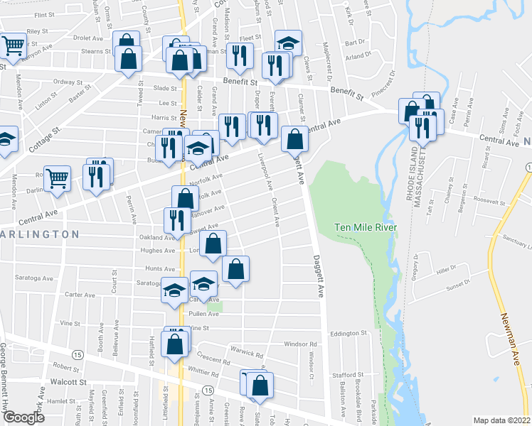 map of restaurants, bars, coffee shops, grocery stores, and more near 157 Sweet Ave in Pawtucket