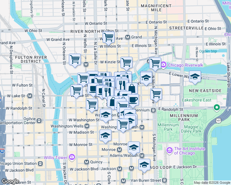 map of restaurants, bars, coffee shops, grocery stores, and more near 200 North Dearborn Street in Chicago