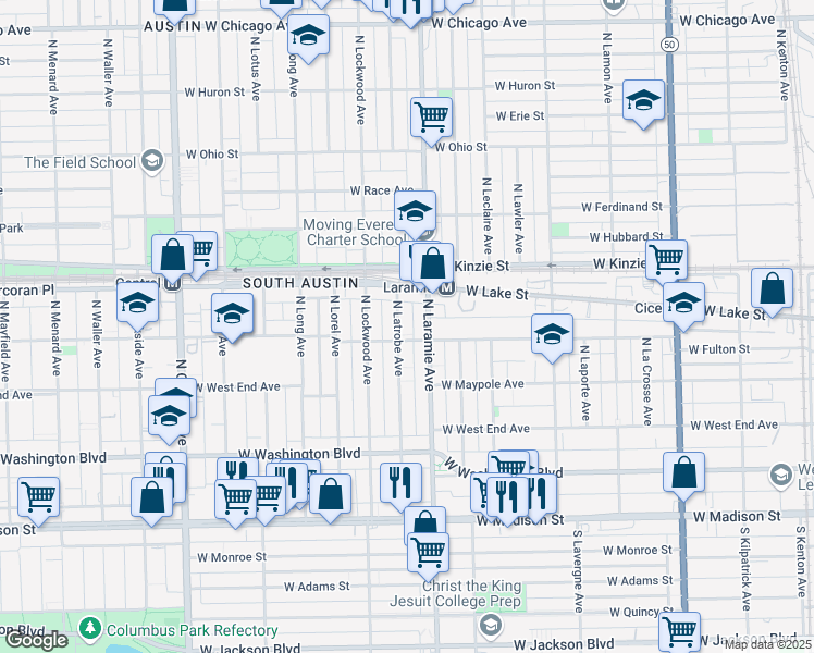 map of restaurants, bars, coffee shops, grocery stores, and more near 311 North Latrobe Avenue in Chicago