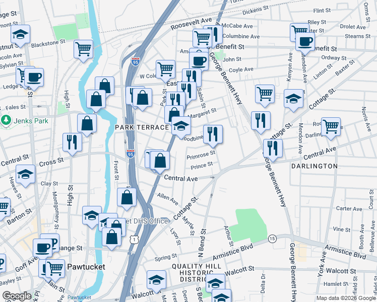 map of restaurants, bars, coffee shops, grocery stores, and more near 97 Greene Street in Pawtucket