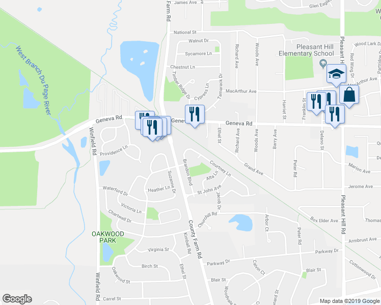 map of restaurants, bars, coffee shops, grocery stores, and more near 0N704 Courtney Lane in Winfield