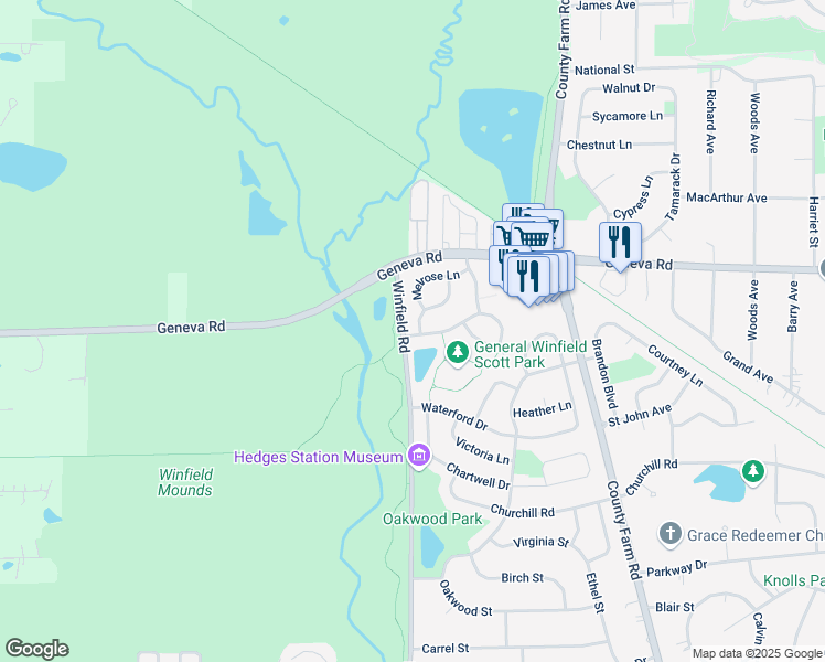 map of restaurants, bars, coffee shops, grocery stores, and more near N664 Bedford Lane in Bloomingdale