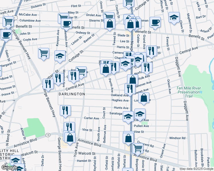 map of restaurants, bars, coffee shops, grocery stores, and more near 32 Wilson Street in Pawtucket