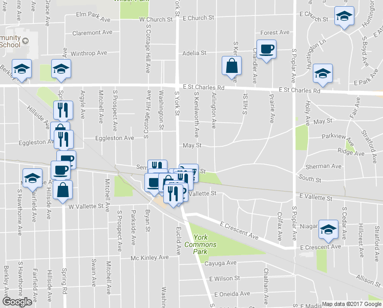map of restaurants, bars, coffee shops, grocery stores, and more near 476 South Kenilworth Avenue in Elmhurst