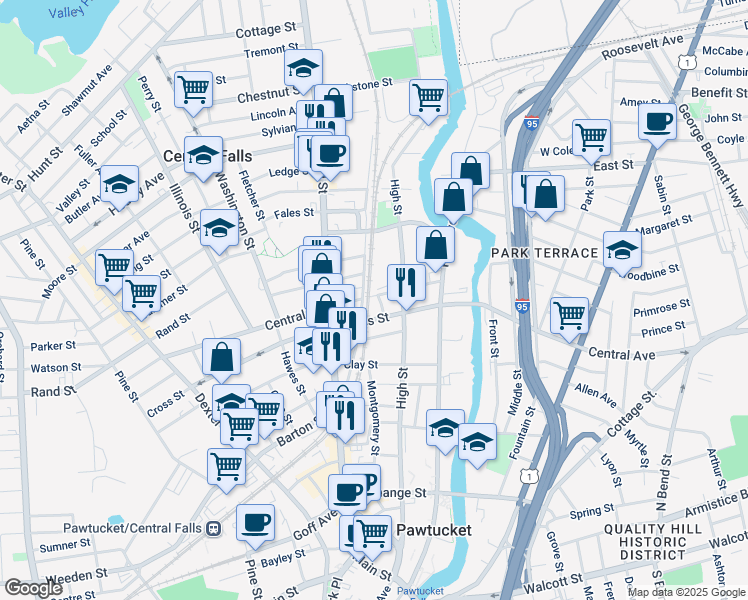 map of restaurants, bars, coffee shops, grocery stores, and more near 26 Elm Street in Central Falls
