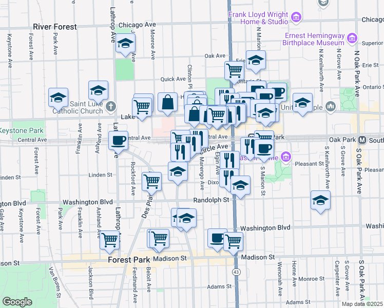 map of restaurants, bars, coffee shops, grocery stores, and more near 7305 Circle Avenue in Forest Park
