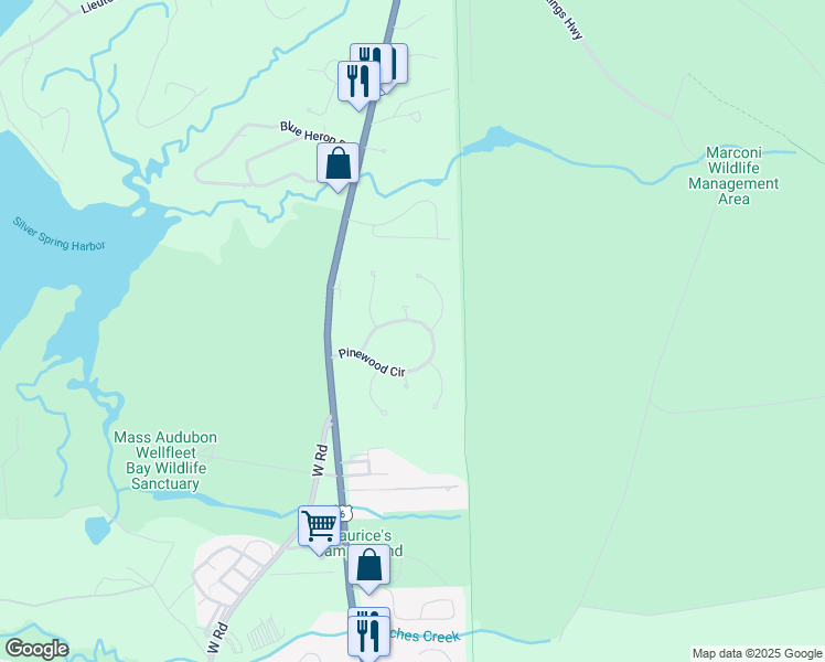 map of restaurants, bars, coffee shops, grocery stores, and more near 165 Pinewood Circle in Wellfleet