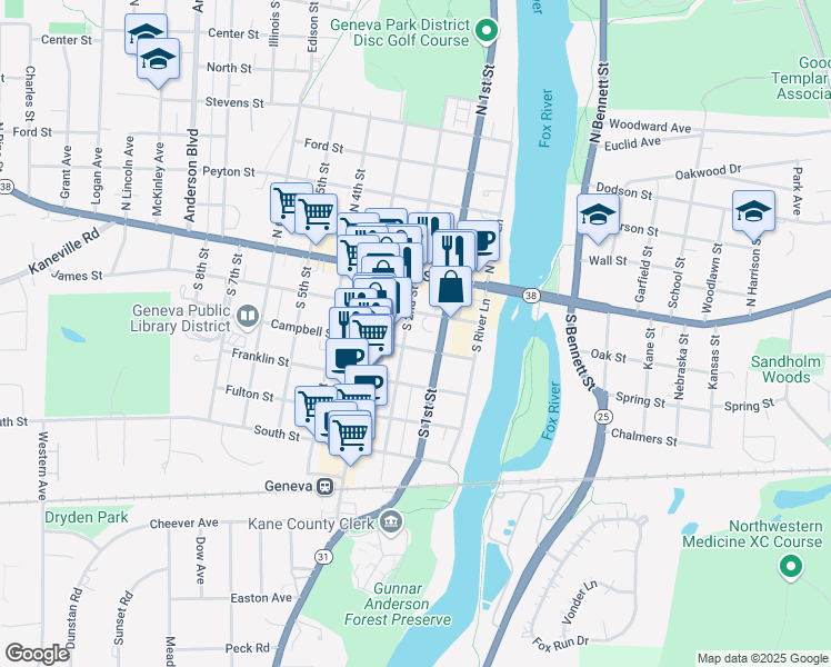 map of restaurants, bars, coffee shops, grocery stores, and more near 117 South 2nd Street in Geneva