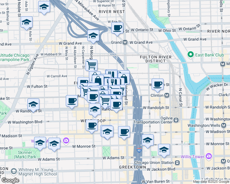 map of restaurants, bars, coffee shops, grocery stores, and more near 210 North Green Street in Chicago