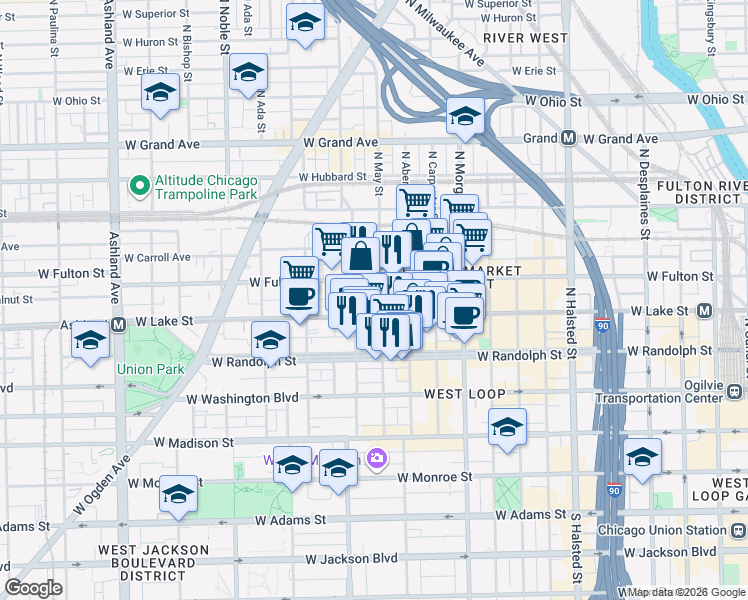 map of restaurants, bars, coffee shops, grocery stores, and more near 214 North May Street in Chicago