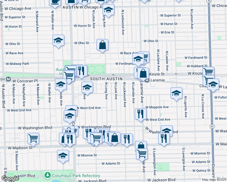 map of restaurants, bars, coffee shops, grocery stores, and more near 314 North Lorel Avenue in Chicago