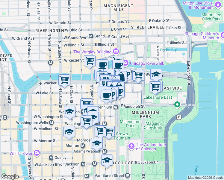 map of restaurants, bars, coffee shops, grocery stores, and more near 72 East Lake Street in Chicago
