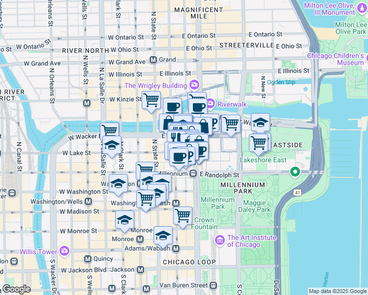 map of restaurants, bars, coffee shops, grocery stores, and more near 70 East Lake Street in Chicago