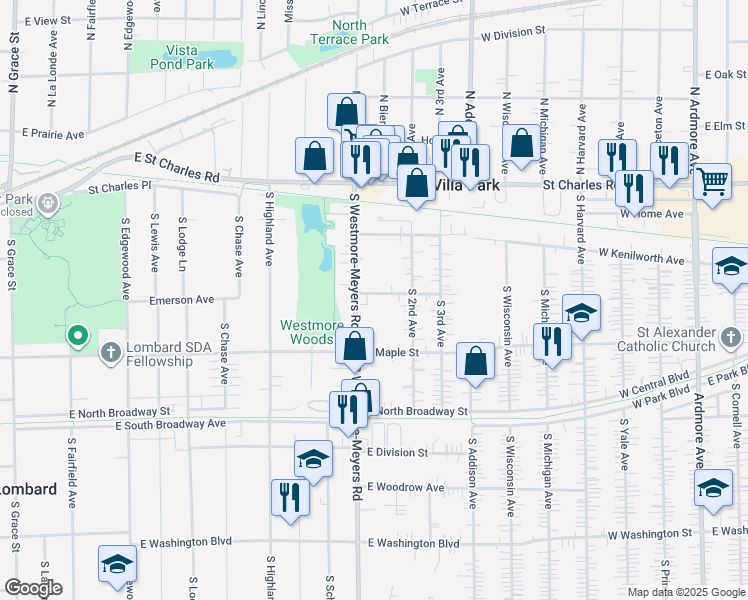 map of restaurants, bars, coffee shops, grocery stores, and more near 1011 East Emerson Avenue in Lombard