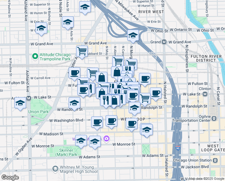map of restaurants, bars, coffee shops, grocery stores, and more near 213 North May Street in Chicago
