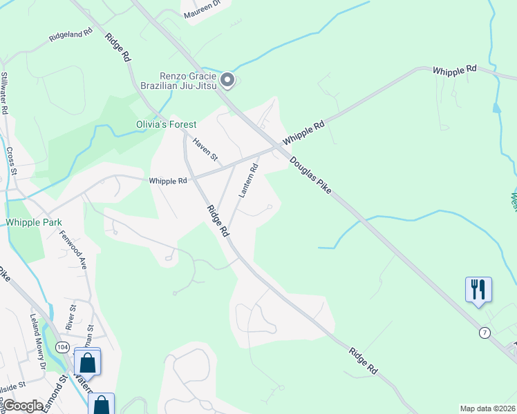 map of restaurants, bars, coffee shops, grocery stores, and more near 1 Deerhill Drive in Smithfield