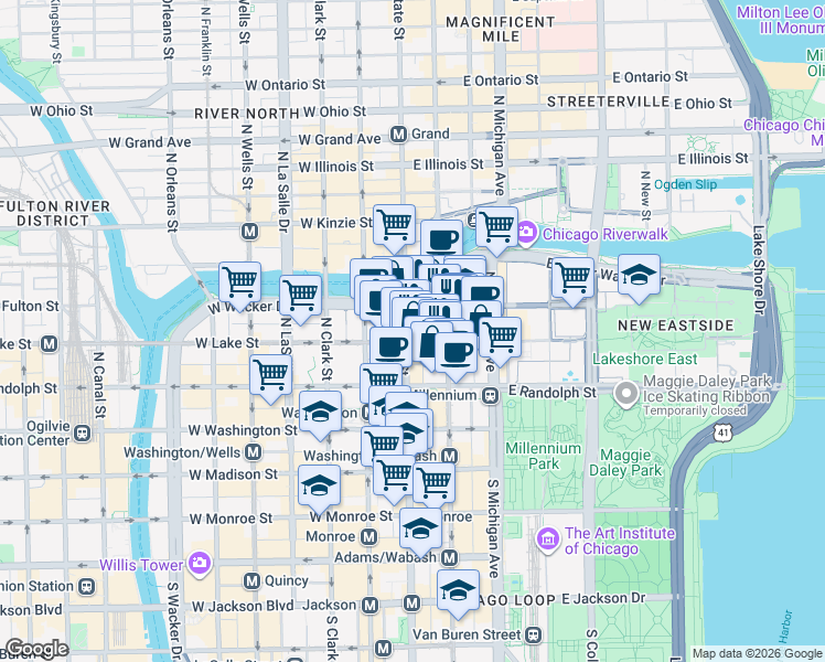 map of restaurants, bars, coffee shops, grocery stores, and more near 30 East Lake Street in Chicago