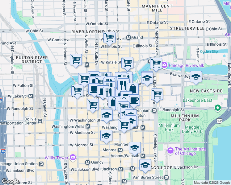 map of restaurants, bars, coffee shops, grocery stores, and more near 200 North Dearborn Street in Chicago
