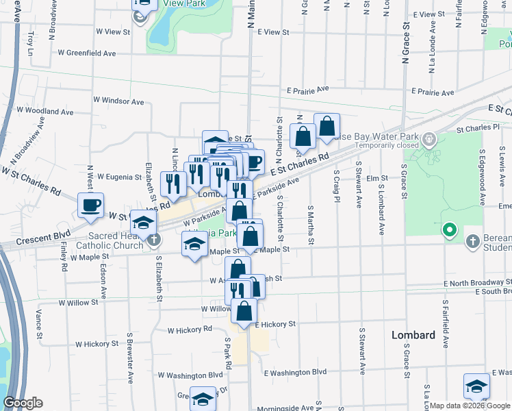 map of restaurants, bars, coffee shops, grocery stores, and more near 101 South Main Street in Lombard