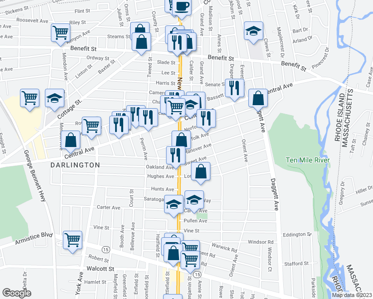 map of restaurants, bars, coffee shops, grocery stores, and more near 14 Hanover Avenue in Pawtucket