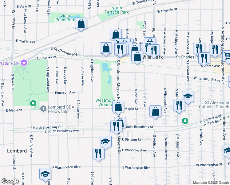 map of restaurants, bars, coffee shops, grocery stores, and more near 102 South Westmore-Meyers Road in Lombard