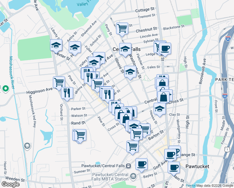 map of restaurants, bars, coffee shops, grocery stores, and more near 112 Summer Street in Central Falls