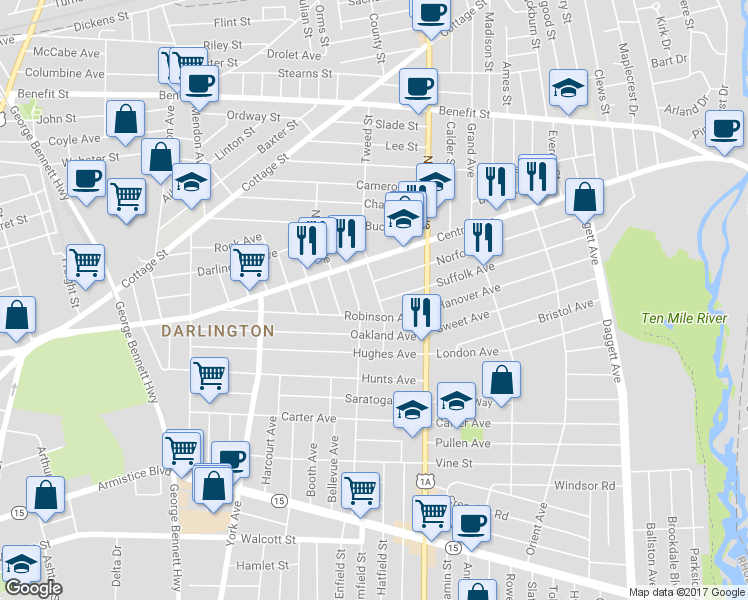 map of restaurants, bars, coffee shops, grocery stores, and more near 66 Downes Avenue in Pawtucket