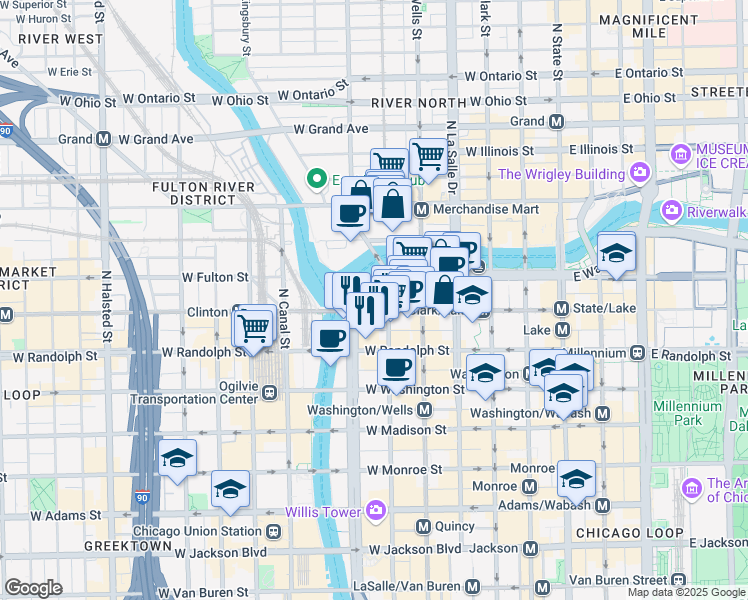 map of restaurants, bars, coffee shops, grocery stores, and more near 333 West Wacker Drive in Chicago