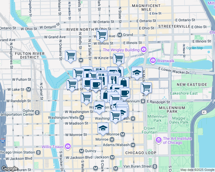 map of restaurants, bars, coffee shops, grocery stores, and more near 200 North Dearborn Street in Chicago