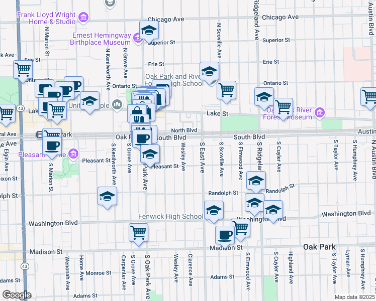 map of restaurants, bars, coffee shops, grocery stores, and more near 118 Wesley Avenue in Oak Park