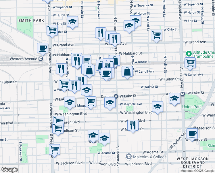 map of restaurants, bars, coffee shops, grocery stores, and more near 2034 West Walnut Street in Chicago