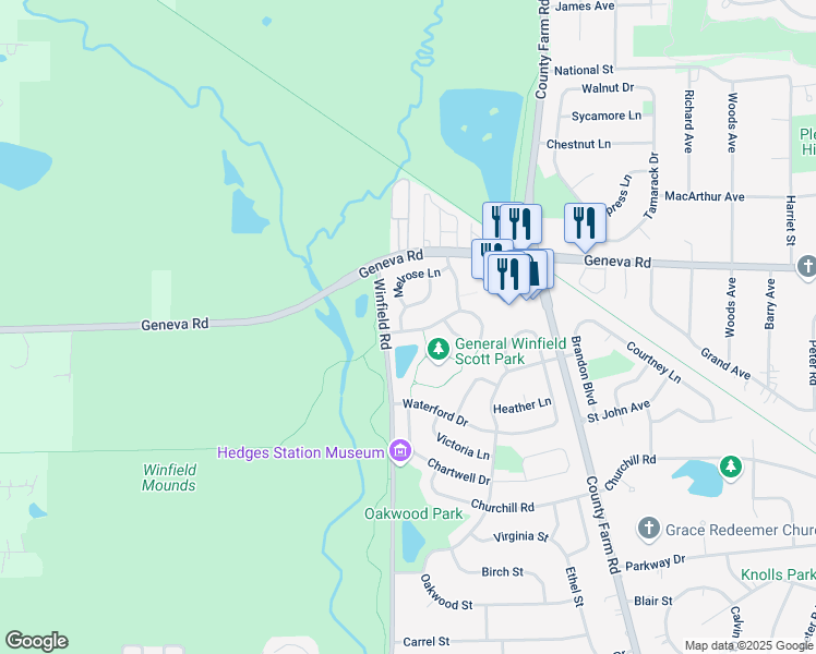 map of restaurants, bars, coffee shops, grocery stores, and more near N664 Bedford Lane in Winfield