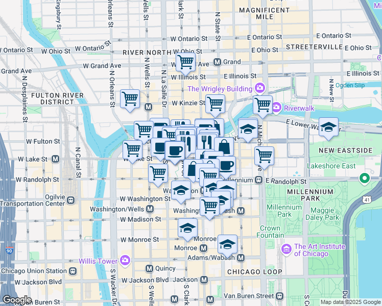 map of restaurants, bars, coffee shops, grocery stores, and more near 201 North Clark Street in Chicago