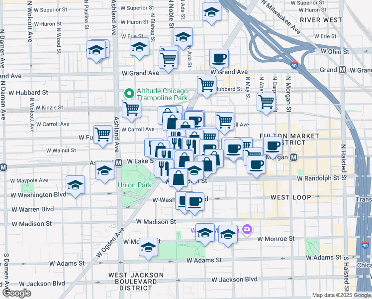 map of restaurants, bars, coffee shops, grocery stores, and more near 220 North Ada Street in Chicago