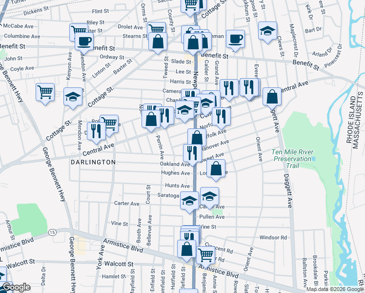 map of restaurants, bars, coffee shops, grocery stores, and more near 27 Suffolk Avenue in Pawtucket
