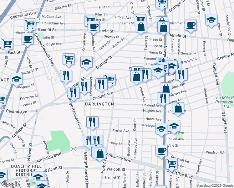 map of restaurants, bars, coffee shops, grocery stores, and more near 1123 York Avenue in Pawtucket
