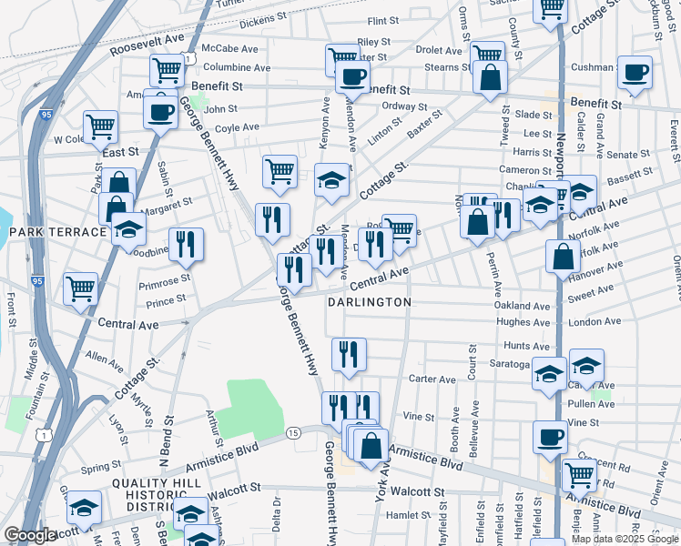 map of restaurants, bars, coffee shops, grocery stores, and more near 155 Mendon Avenue in Pawtucket