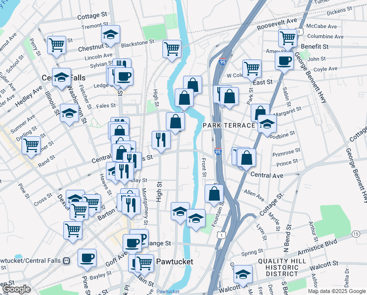 map of restaurants, bars, coffee shops, grocery stores, and more near 501 Roosevelt Avenue in Central Falls