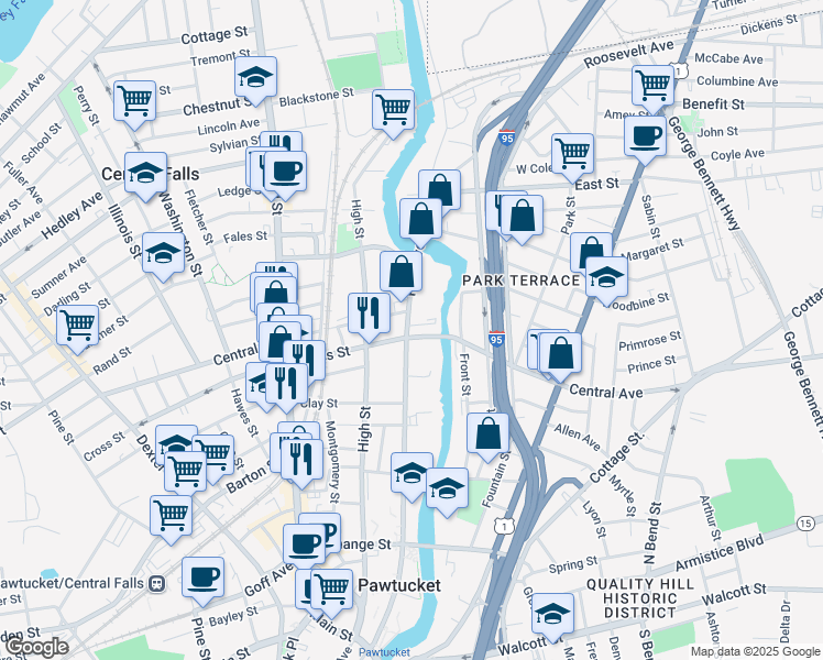 map of restaurants, bars, coffee shops, grocery stores, and more near 501 Roosevelt Avenue in Central Falls