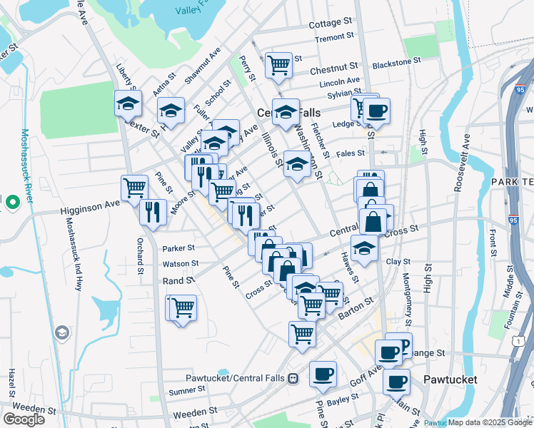 map of restaurants, bars, coffee shops, grocery stores, and more near 112 Summer Street in Central Falls