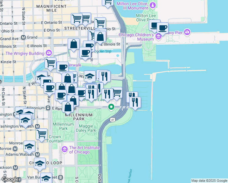 map of restaurants, bars, coffee shops, grocery stores, and more near 195 North Harbor Service Drive in Chicago