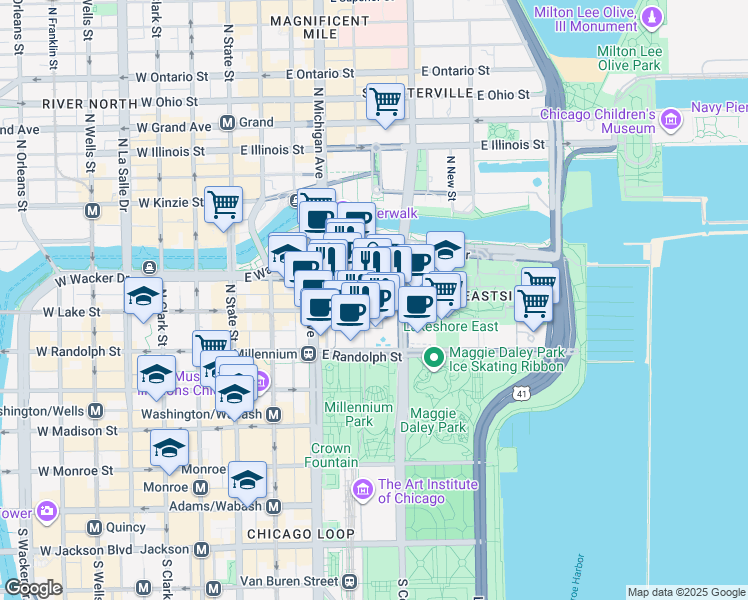 map of restaurants, bars, coffee shops, grocery stores, and more near 221 North Stetson Avenue in Chicago
