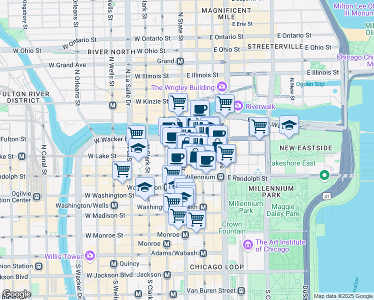 map of restaurants, bars, coffee shops, grocery stores, and more near 30 East Lake Street in Chicago