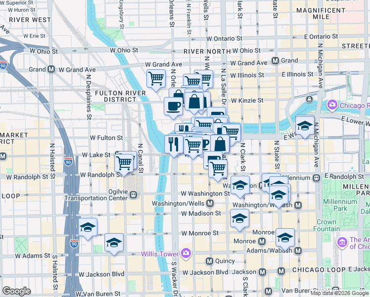 map of restaurants, bars, coffee shops, grocery stores, and more near 333 West Wacker Drive in Chicago
