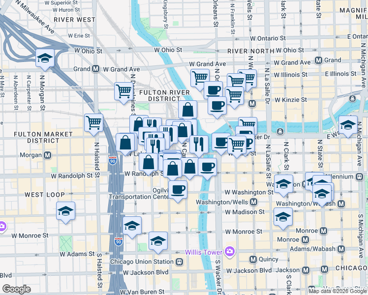 map of restaurants, bars, coffee shops, grocery stores, and more near in Chicago