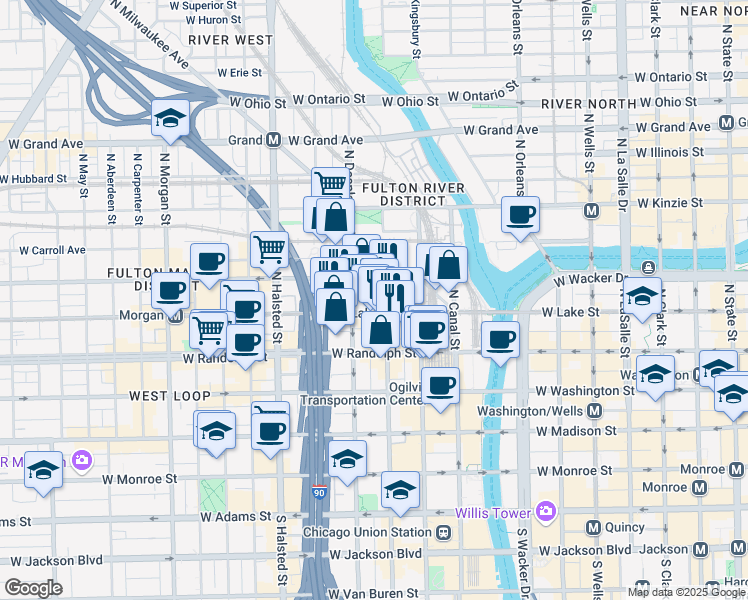 map of restaurants, bars, coffee shops, grocery stores, and more near 200 North Jefferson Street in Chicago