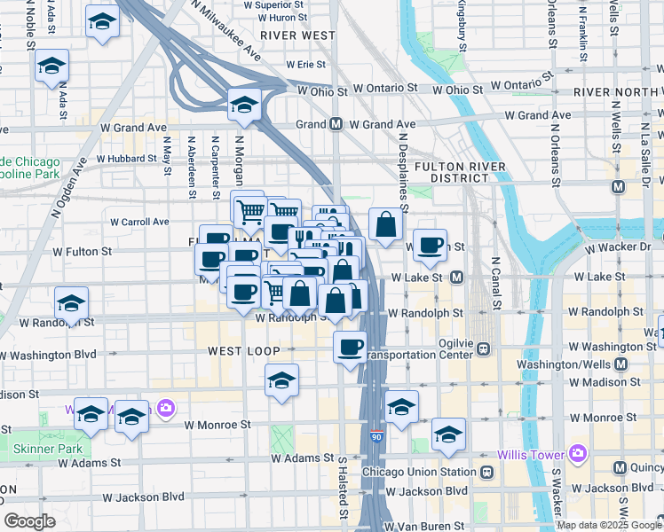 map of restaurants, bars, coffee shops, grocery stores, and more near 812 West Lake Street in Chicago