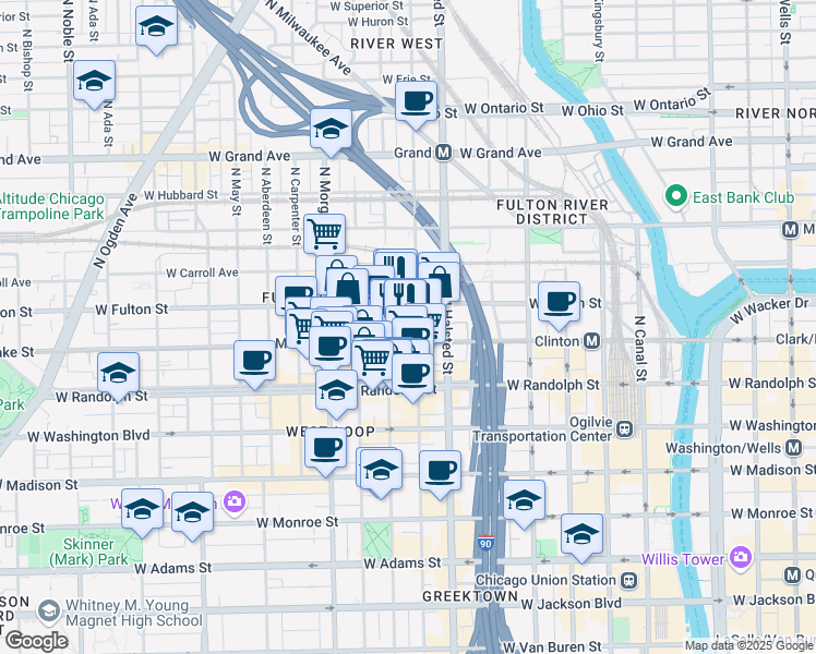 map of restaurants, bars, coffee shops, grocery stores, and more near 858 West Lake Street in Chicago