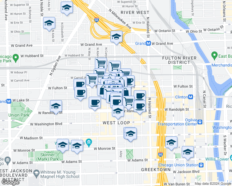 map of restaurants, bars, coffee shops, grocery stores, and more near in Chicago
