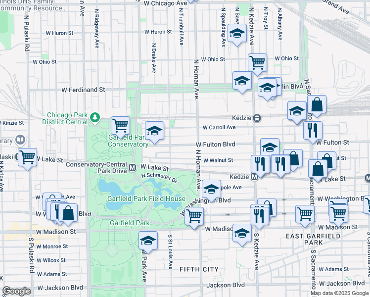 map of restaurants, bars, coffee shops, grocery stores, and more near 3435 West Fulton Boulevard in Chicago